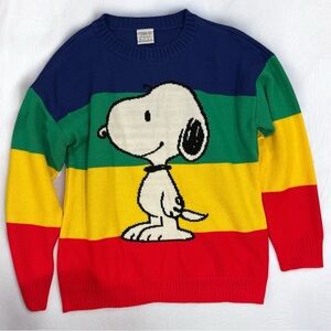 Retro Peanuts Snoopy Color Block Rainbow Knit Sweater Size Large